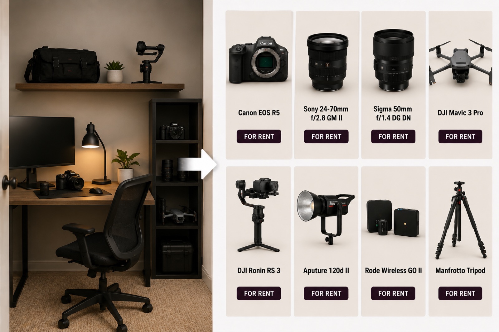 A home office of camera gear, and the same body, lenses, drone and lights listed for rent