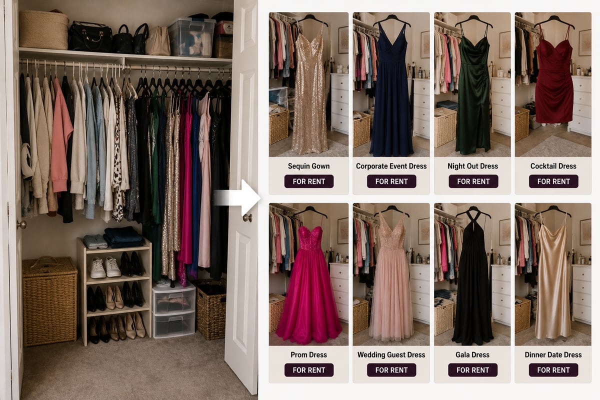 A closet of dresses, and the same gowns listed for rent