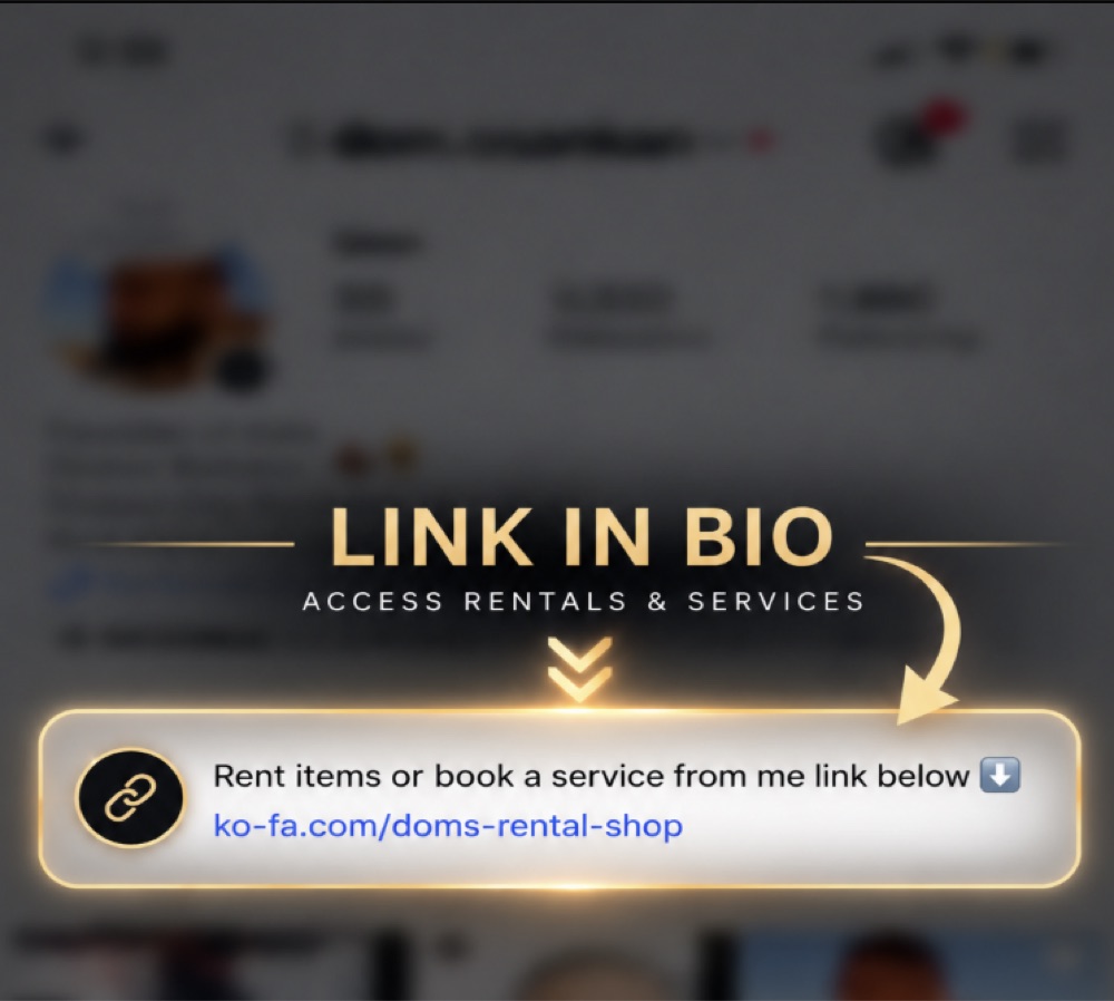 An Instagram profile with a Kofa link in the bio reading Rent items or book a service from me, ko-fa.com slash doms-rental-shop