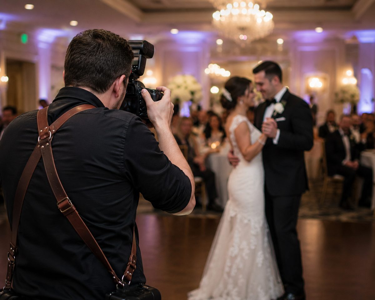 A photographer shooting a couple's first dance at a wedding reception