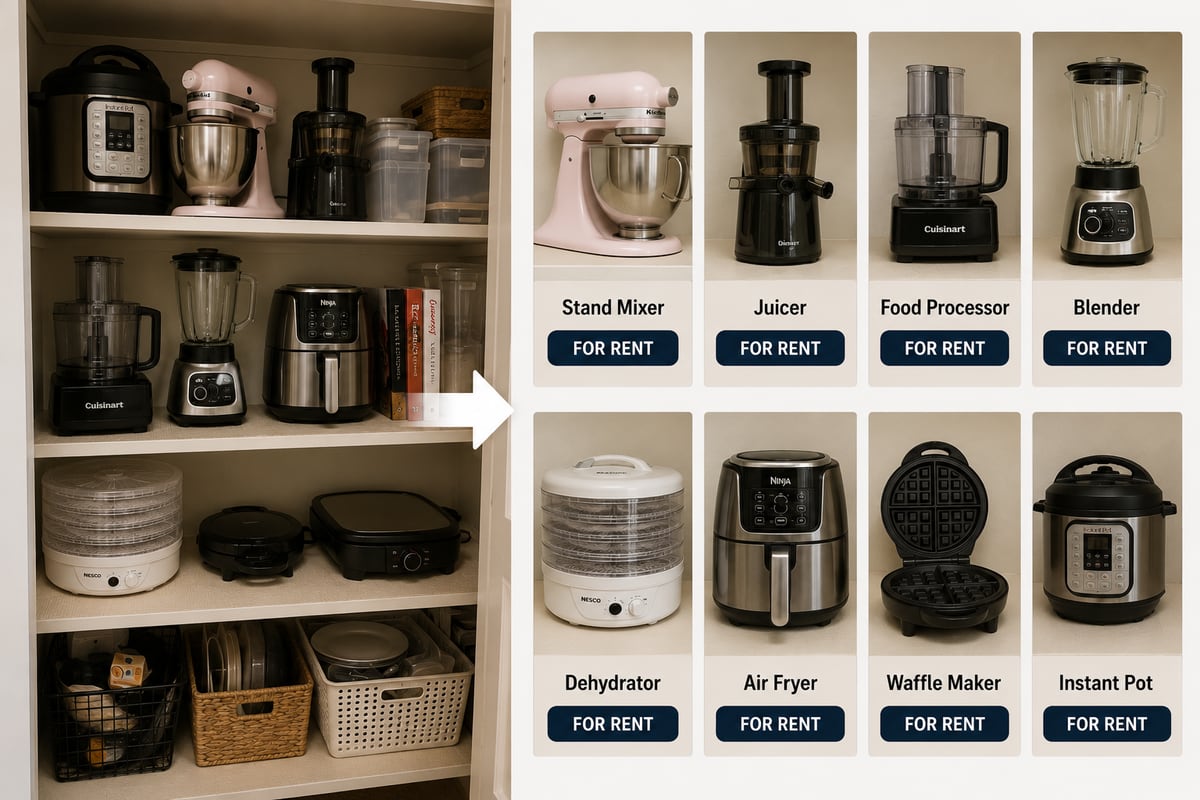 A kitchen cupboard, and the same stand mixer, air fryer and Instant Pot listed for rent