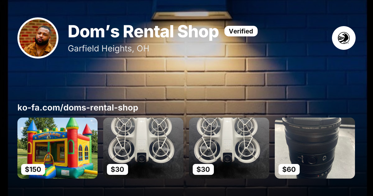 The Kofa business page for Dom’s Rental Shop