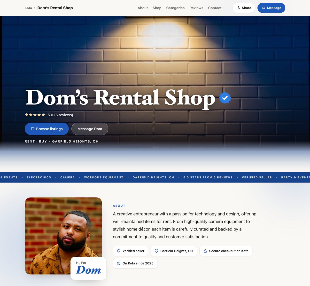 A real Kofa business page: the business name over a cover photo, a star rating, a Browse listings button, and an about section with the owner's photo
