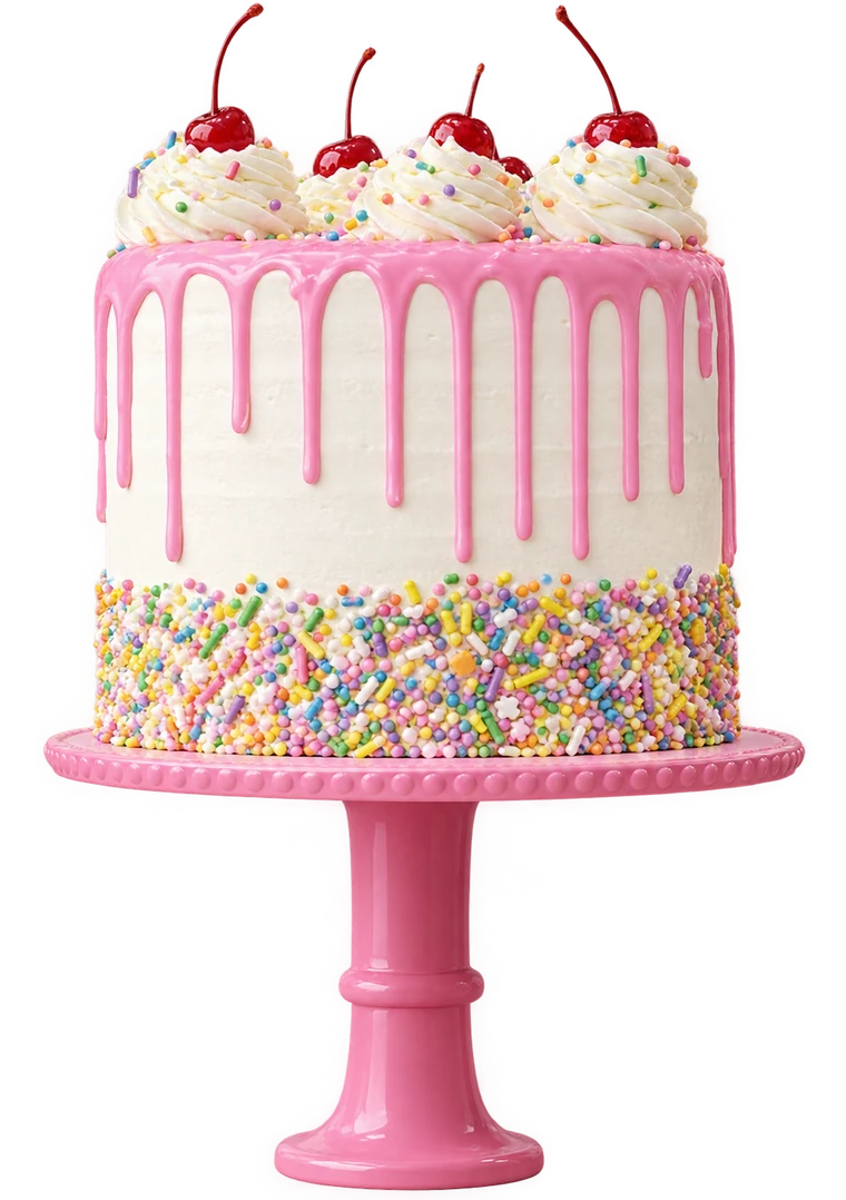A decorated cake on a pink stand
